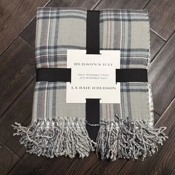 Hudson's Bay Reversible Finley Throw Blanket in Grey, Navy and Brown Tartan - Picture 1 of 6